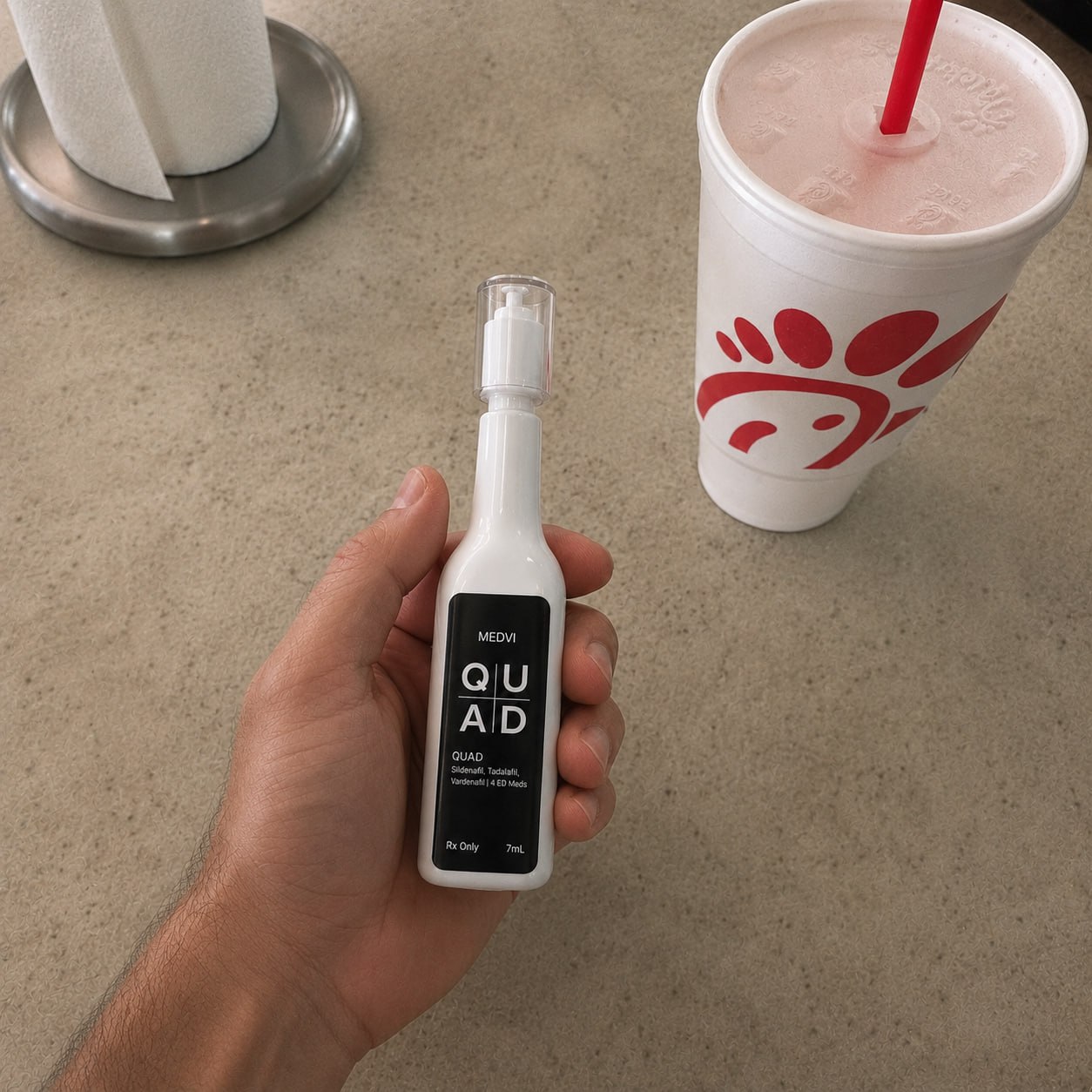 Hand holding a MEDVI QUAD sublingual bottle