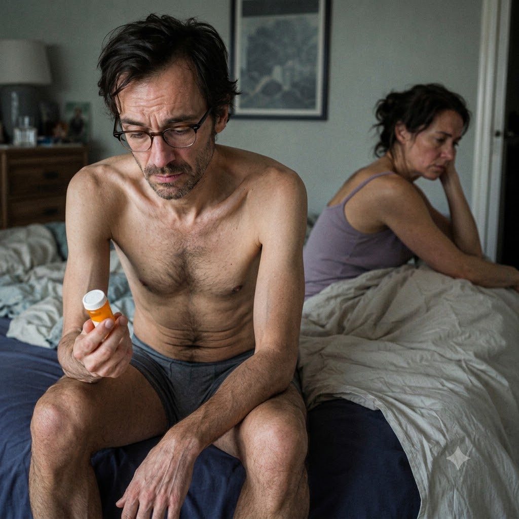 Man sitting on the edge of the bed holding a pill bottle while his partner sits turned away