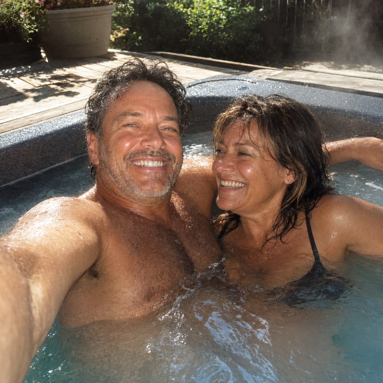 Happy mature couple relaxing together in a hot tub