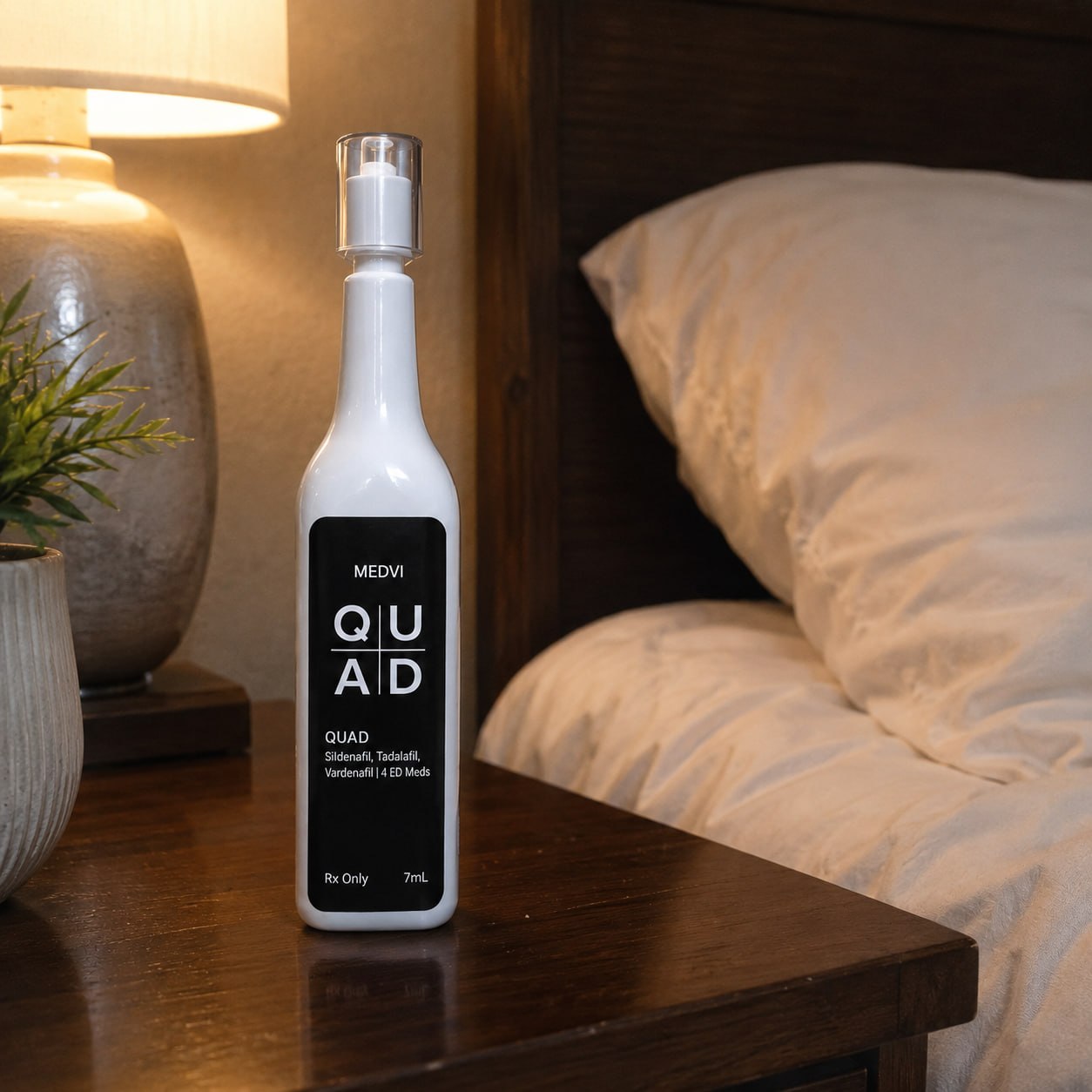 MEDVI QUAD bottle on a nightstand
