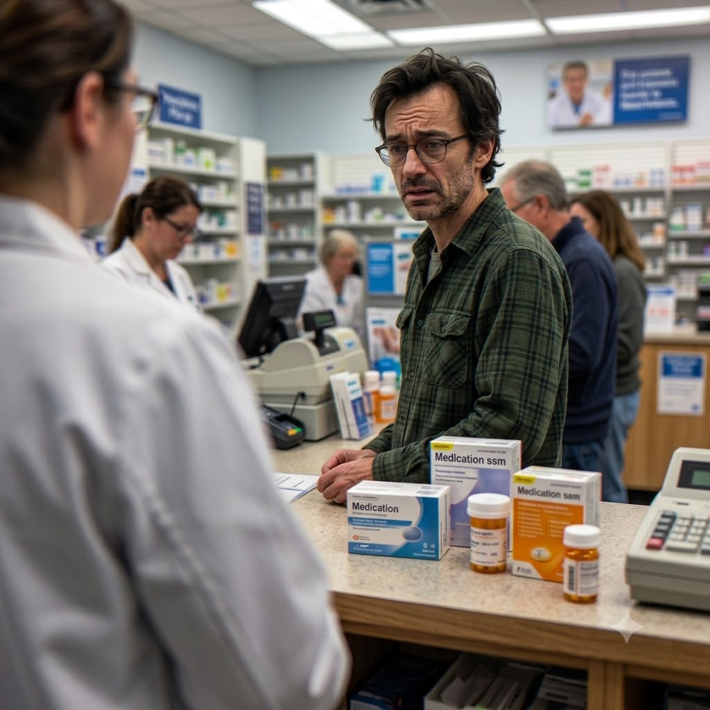 Frustrated man at a pharmacy counter with generic medication boxes and pill bottles